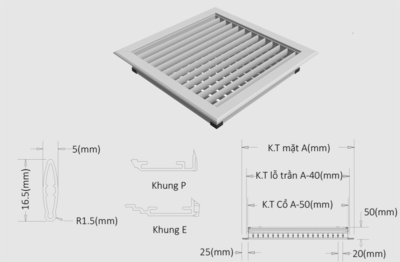 Kích thước miệng gió điều hòa âm trần